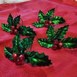 Vintage Estate Christmas Leaves Berries Napkin & Napkin Holder Set 4 Pcs Green